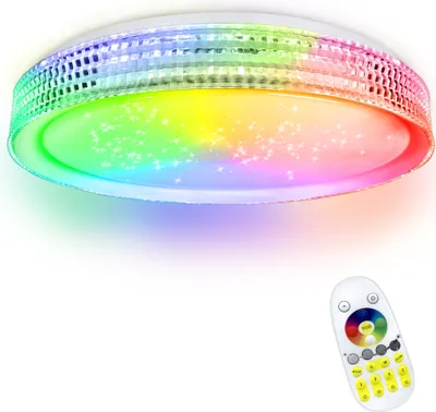 A close-up, studio shot of a colorful LED ceiling light with a remote control.