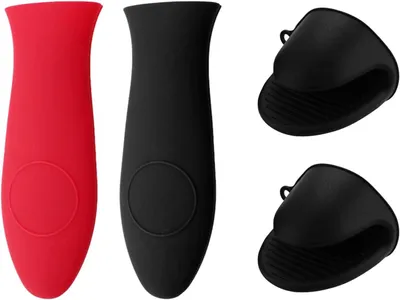 Produktbild von 2 Stück Topfgriffabdeckungen und 1 Paar isolierte Handschuhe aus Silikon, Küchenwerkzeuge und Backzubehör