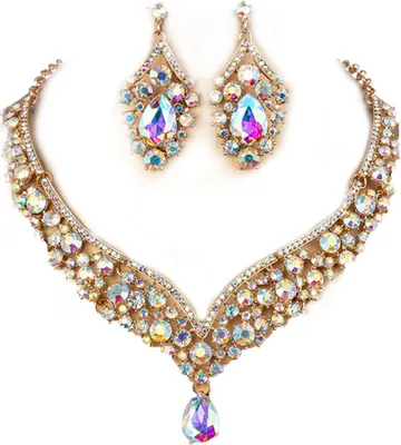 Produktbild von 1 Set Braut Ohrringe Halskette Wassertropfenförmige Strasssteine Schmuck Geometrisch Verstellbares Schmuckset für Hochzeit-Golden