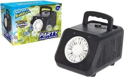 A product shot of a bubble machine next to its packaging.
