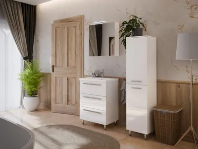 Produktbild von MONTIERT Badmöbel Set mit Waschbecken BRYZA 60cm WEISS HOCHGLANZ LED SOFTCLOSE Waschtisch Spiegelschrank 1 x Hochschrank