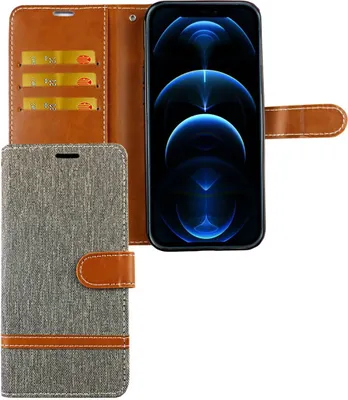 Image de Étui de protection pour Apple iPhone 12 / 12 Pro, type pochette, avec compartiment pour cartes, couleur gris