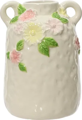 Produktbild von Vase / Blumenvase mit Blumenmotiv Keramik 12x18cm Creme Rosa