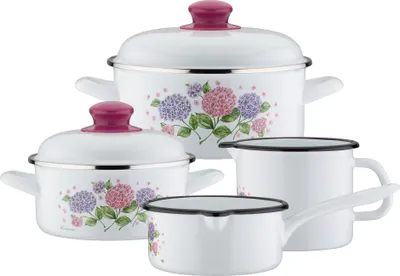 Produktbild von GSW Kochtopf-Set Hortensie 6-tlg., 189972, Stahl-Emaille, ca. 1,4 L / ca. 2,8 L / ca. 1,0 L / ca. 1,2 L