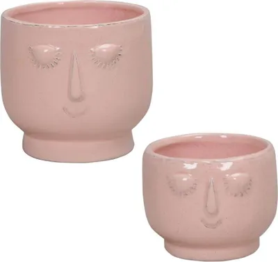 Produktbild von Blumentopf mit Gesicht Übertopf rosa Keramik 2erSet Topf Ø7,5+12cm H6+11,5cm