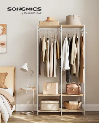 Produktbild von SONGMICS Kleiderschrank offen, Garderobenständer mit Kleiderstange, Ablagen, abnehmbare Haken, 40 x 94,5 x 180 cm, Naturbeige