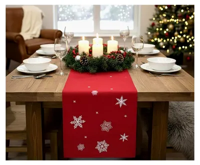 Produktbild von Tischläufer 40x150 cm mit filigraner Stickerei für die Küche und den Esstisch in Herbst und Winter (Schneeflocken rot 40x150)