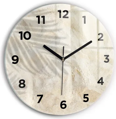 Produktbild von Wallfluent Wanduhr – Stilles Quarzuhrwerk - Uhr Dekoration Wohnzimmer Schlafzimmer Küche - Zifferblatt - schwarze Zeiger - 30 cm - Schatten einer Palme im Sand