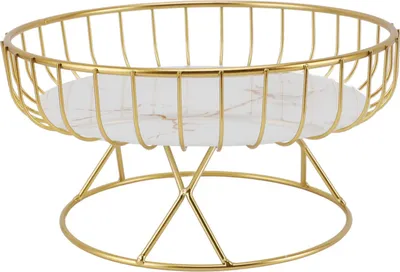 Image de Corbeille à fruits ronde, grande capacité, support de bol à fruits creux en métal pour desserts, snacks et pain L Fond blanc avec rayures dorées