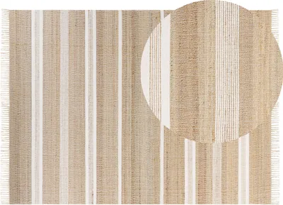Zdjęcie produktu dla BELIANI Dywan beżowo-biały juta 160 x 230 cm z frędzlami geometryczny wzór w paski ręcznie pleciony styl boho do przedpokoju korytarza