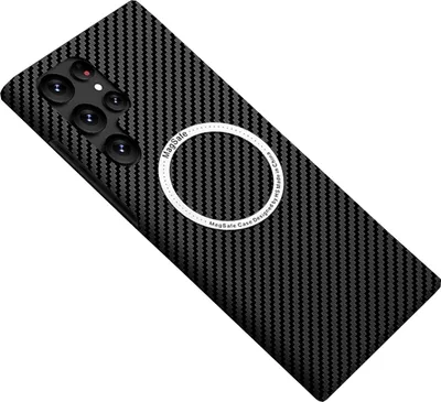 A black carbon fiber textured phone case with a MagSafe ring is shown against a white background.