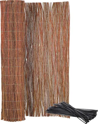 A rolled-up and unrolled piece of woven willow fencing, along with a bundle of black zip ties, against a white background.