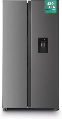 A side-by-side refrigerator with a water dispenser on the right door.