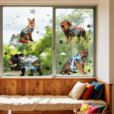 Immagine prodotto di Immagini decorative per finestre, motivo paesaggio animale, riutilizzabili su entrambi i lati, dimensioni 120 x 30 cm, 1 foglio
