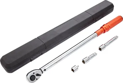 Obrázok produktu pre Momentový kľúč 1/2", sada momentových kľúčov na bicykle a motocykle 34-340 Nm, presnosť ± 3 % 2 predlžovacie tyče 127 a 76,2 mm, adaptér 1/2-1/4", nastaviteľná hlava s račňou 72 zubov