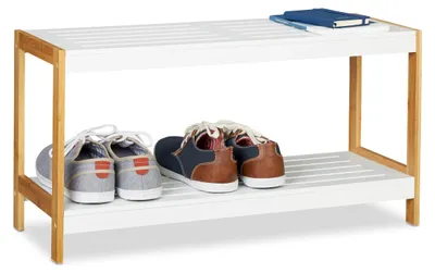 Schuhregal 2 Ablagen Bambus MDF 36,5x70x26 cm weiß/natur
