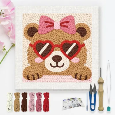 Produktbild von Punch Needle Stick-Set für Anfänger, 24x24 cm, Cartoon-Bär mit Sonnenbrille, DIY Bastelset