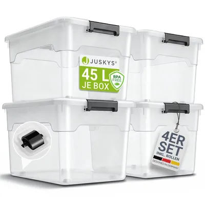 Produktbild von Juskys Aufbewahrungsbox mit Deckel - 4er Set Kunststoff Boxen 45l - Box groß, stapelbar, transparent - Aufbewahrung Ordnungssystem Aufbewahrungsboxen