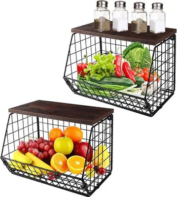 Obrázek produktu pro Závěsný kovový košík na ovoce s dřevěným víkem do kuchyně