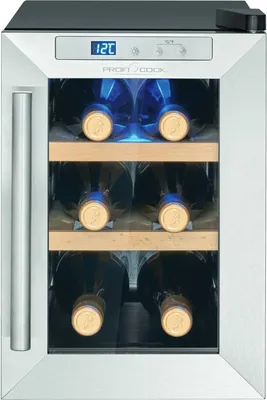 Produktbild von ProfiCook® Weinkühlschrank für 6 Flaschen, Getränkekühlschrank mit UV-beständiger Glastür, mit LED-Beleuchtung u. 3 Lagerebenen davon 2 herausnehmbar, Bereich: 11-18°C, 17L - PC-WK 1231