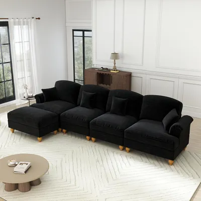 Produktbild von MODFU Modulares L-förmiges 4-Sitzer Sofa mit Trichter-Armlehnen,Dreisitzer,Sitzgruppe mit Rüschenschürze & spindelförmigen Beinen,Polstermöbel Schlafsofa mit beweglichem Hocker,Schwarz