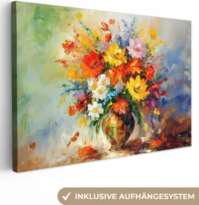 Produktbild von MuchoWow® - Leinwandbilder - Blumen - Bunt - Ölfarbe - Blumentopf, Wandbild, Wanddeko Bilder Wohnzimmer, 120x80 cm