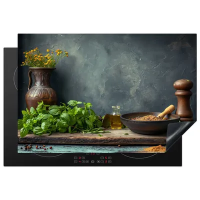 Produktbild von KitchenYeah© Herdabdeckplatte Stilleben - Küche - Kräuter , 77x51cm, Küche Deko, Glaskeramikkochfeld Herdabdeckung, Abdeckplatte fùr Kochfeld