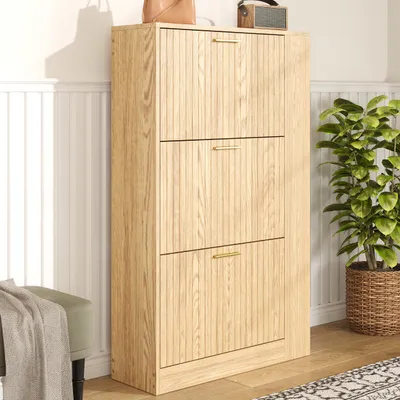 Image de OKWISH Meuble à Chaussures 3 Portes avec Niche Ouverte, Meuble d’Entrée Design Moderne en MDF - 70x23,5x115 cm - Bois Naturel