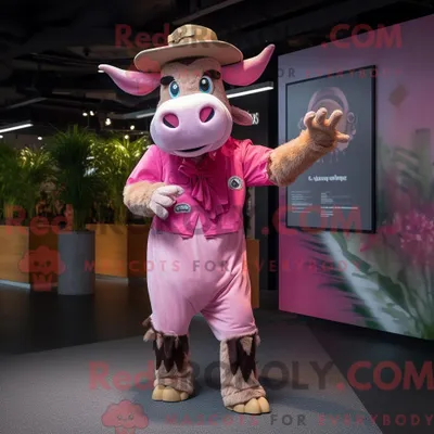Produktbild von Maskottchenfigur REDBROKOLY eines rosa Zebus mit Spielanzug und Mütze
