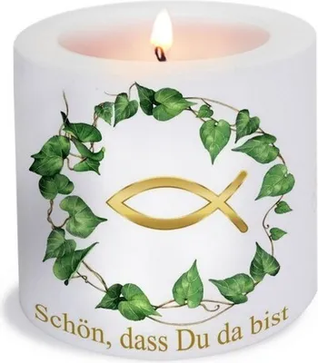 Produktbild von Kerze rund Green Leaves and Fish gold - Grüne Blätter um Fisch gold Ø 8cm, Höhe 7,5cm