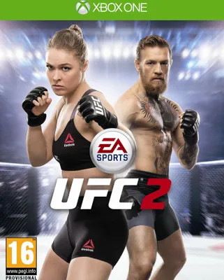 The cover art for the video game UFC 2, featuring two fighters, Ronda Rousey and Conor McGregor.