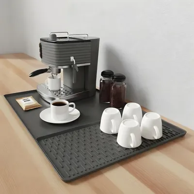 Produktbild von Kaffeemaschinenmatte, Silikon-Kaffeematte 60,5 x 40 cm, mit Abtropfmatte 19 x 40 cm, Abtropfmatte für das Spülbecken, Geschirrabtropfmatte, Silikonmatte (schwarz)