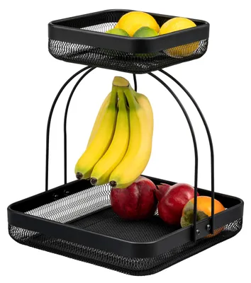Productafbeelding van eluno fruitstandaard met twee verdiepingen, voorzien van een bananenhouder, broodmand en fruitmand, van zwart metaal