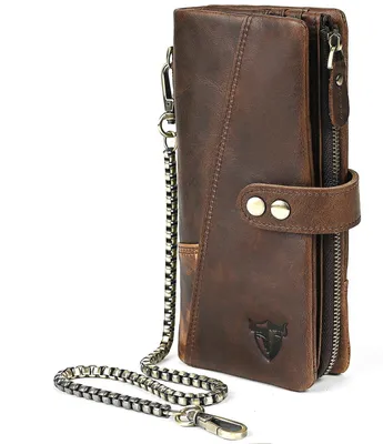 Produktbild von Echtleder Crazy Horse Leder Reisen Geschenk Münztasche Kartenetui Lang Organizer Brieftasche Kette Rfid Geldbörse mit Snap für Männer