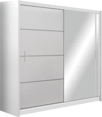 Produktbild von Furniture24 Kleiderschrank Vista 203 Schwebetürenschrank Schrank mit Schiebetür Kleiderstange 8 Einlegeboden Weiß mit Spiegel , 203 cm breit