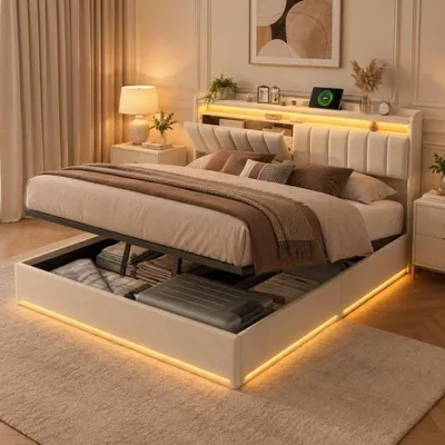 Produktbild von SUNFECILI Polsterbett 160x200 cm,Boxspringbett 160x200,mit Lattenrost,Weicher Rückenlehne und Kopfteil,USB,LED,Doppelbett,Jugendbett, Samt Stoff,Beige