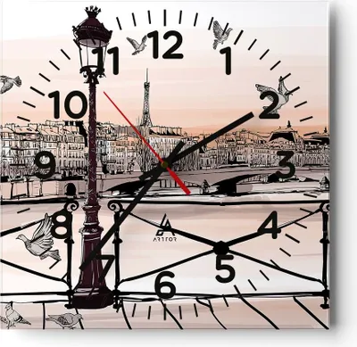 Produktbild von Wanduhr - Quadrat - Glasuhr - frankreich Taube Grafiken Illustration - 30x30cm - Schleichendes Uhrwerk - Lautlos - zum Aufhängen bereit - Dekoration Modern - Wanddekoration aus Glas - C4AC30x30-3176