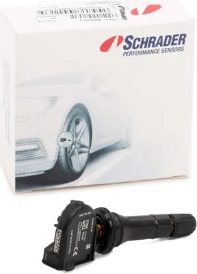 A Schrader tire pressure monitoring sensor and its packaging.