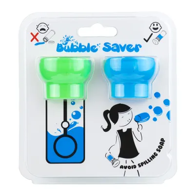 Produktbild von BubbleSaver - Wiederverwendbare Abdeckung für Kinder-Seifenblasen - Loch für Zauberstab schließt, um die Flüssigkeit in der Flasche zu halten - Für Party & Spiele - 2er-Pack (Farbe Grün/Blau)