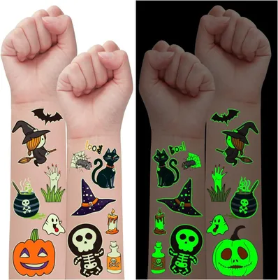 Produktbild von Halloween-Dekorationen für Kinder, 250 verschiedene Designs (24 Bögen) – leuchtende, temporäre Tattoos für Halloween, ideal als Süßigkeiten, Partygeschenke oder als Füllung für Überraschungstüten