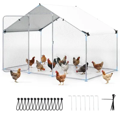 Immagine prodotto di Pollaio COSTWAY 3x2x2 m | 6 m², recinto in metallo per polli, area di sgambamento accessibile con tetto in PE impermeabile e serratura di sicurezza, recinto per polli, argento