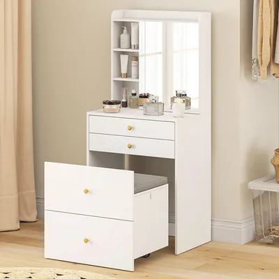 Produktbild von Schminktisch mit Spiegel und Hocker, Frisiertisch mit Schrank, Schubladen, offenen Ablagen, Weiß | 60 x 40 x 132,5 cm | Spanplatte