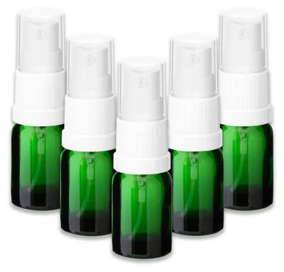 Produktbild von 5x Grüne Glasflasche 5 ml mit weißem Zerstäuber Sprühkopf Pumpspray