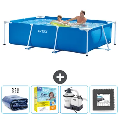 Produktbild von Intex-Schwimmbecken mit rechteckigem Rahmen – 260 x 160 x 65 cm – Blau – im Lieferumfang enthalten Sonnensegel - Wartungspaket - Filterpumpe für Schwimmbad - Bodenfliesen