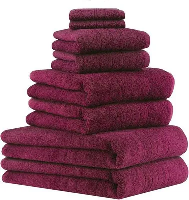 Zdjęcie produktu dla Zestaw 8 ręczników Unyqoos® – 100% bawełna, kolor śliwkowy, zawiera: 2 duże ręczniki kąpielowe, 2 ręczniki pod prysznic, 2 ręczniki do rąk, 2 myjki, miękkie i dobrze chłonące