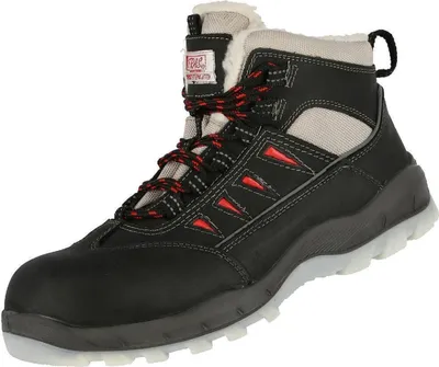 A single black winter boot with red accents and laces, shown from a side-diagonal view against a white background.