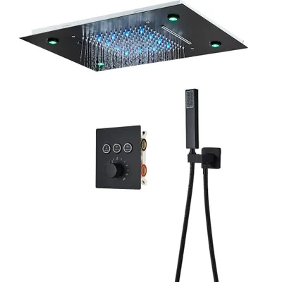Produktbild von Duscharmatur Set, Thermostatsteuerung, LED Regendusche, Mattschwarzes Set