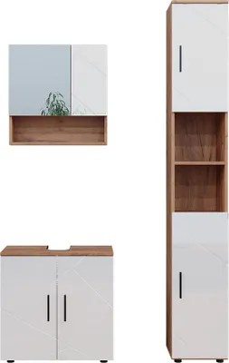 Produktbild von Badmöbel-Set Vicco Irma Weiß Hochglanz/Goldkraft Eiche 3 Teile, mit Hochschrank, Model 40536