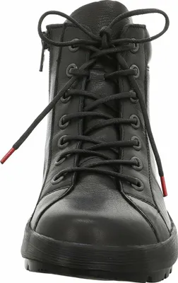 A close-up, front view of a black leather boot.