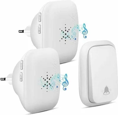 Produktbild von Kabellose Außentürklingel – Wasserdicht mit 2 Empfängern – Schutzart IP68 – 150 m Reichweite – 4 Lautstärkestufen – 36 Klingeltöne – Batterielos, Weiß